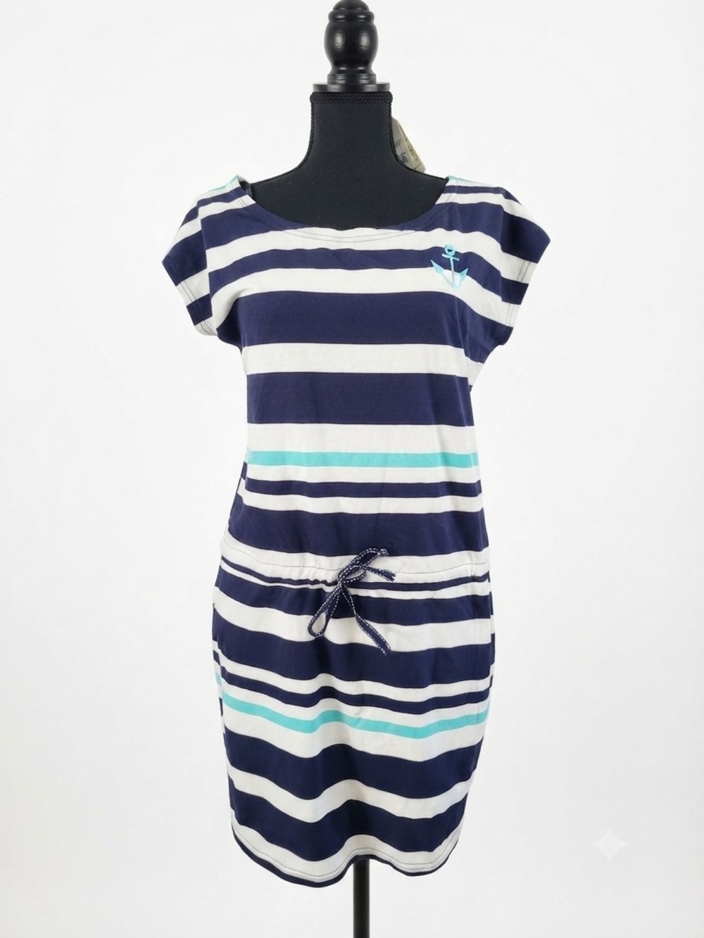 Beach By Exist Navy White Striped Mini Dress with Aqua Accents